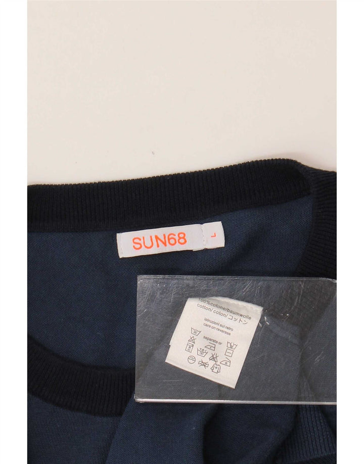 Suéter masculino Sun68 com gola redonda, grande algodão azul marinho