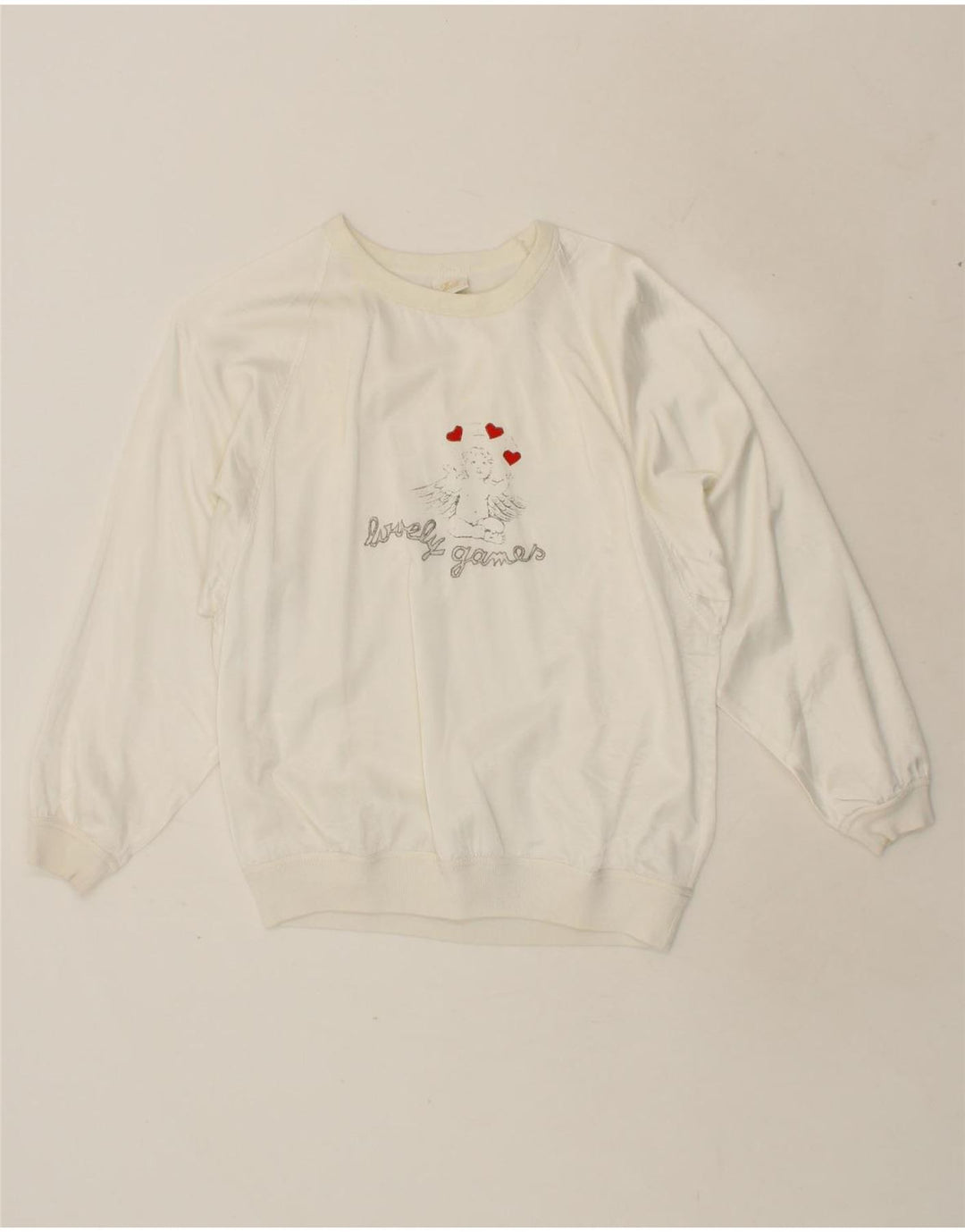VINTAGE Womens Graphic Sweatshirt Jumper  EU 32 Medium White Viscose Vintage Vintage and Second-Hand Vintage from Messina Hembry 