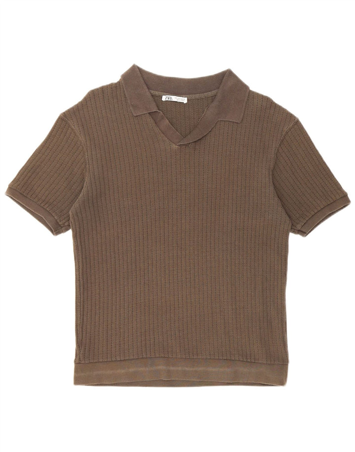 Suéter masculino ZARA de manga curta com gola polo e algodão cáqui médio