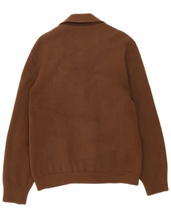 Suéter cardigã masculino vintage bloco colorido marrom médio