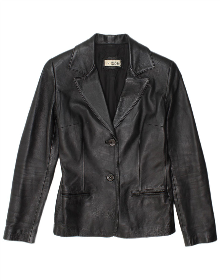 Jaqueta blazer feminina vintage de couro com 2 botões Reino Unido 12 médio preto