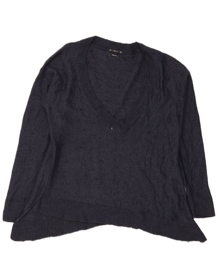 Zara Suéter feminino oversized com decote em V Reino Unido 14 médio azul marinho manchado