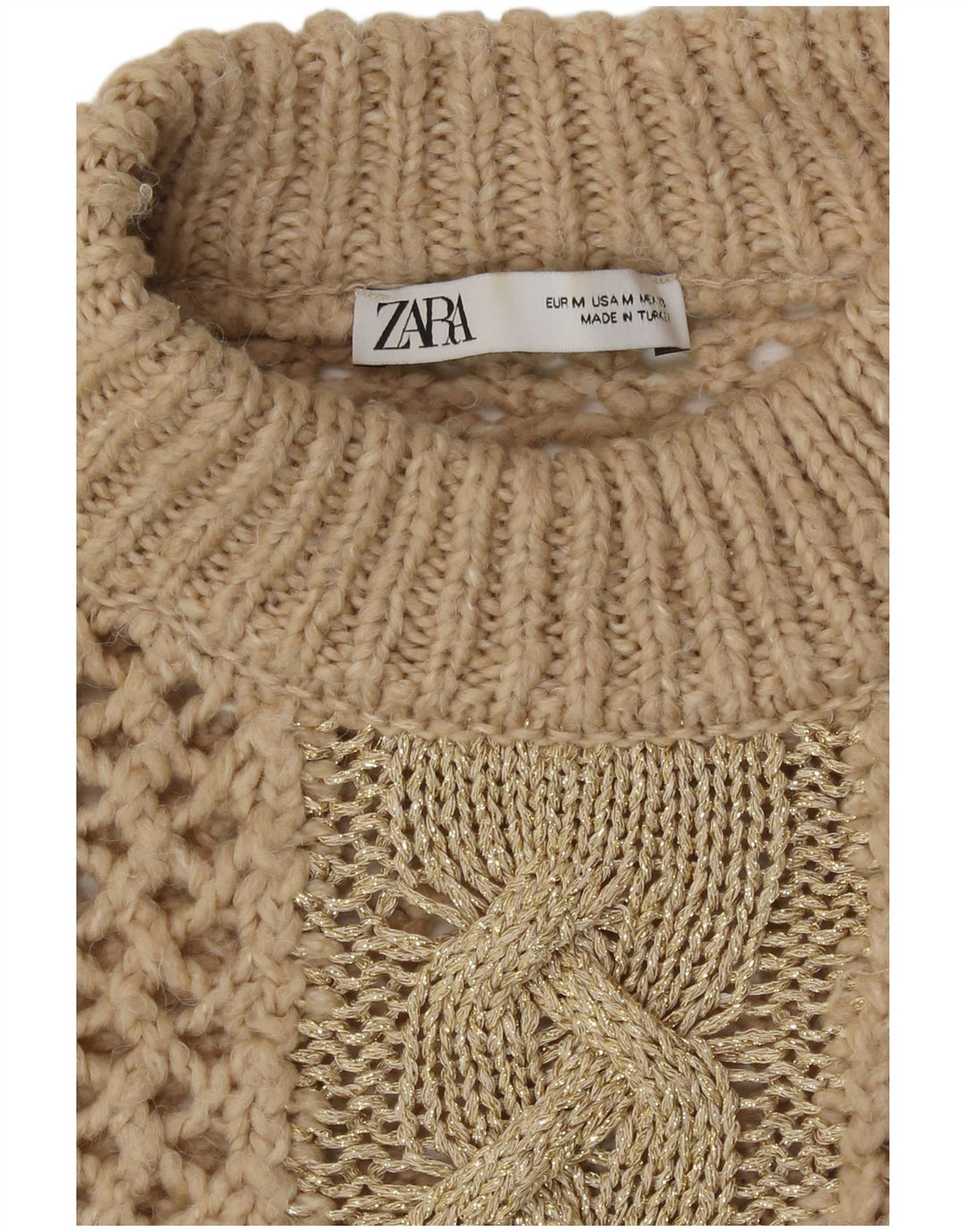Zara Suéter feminino de crochê com gola tartaruga Reino Unido 14 médio bege