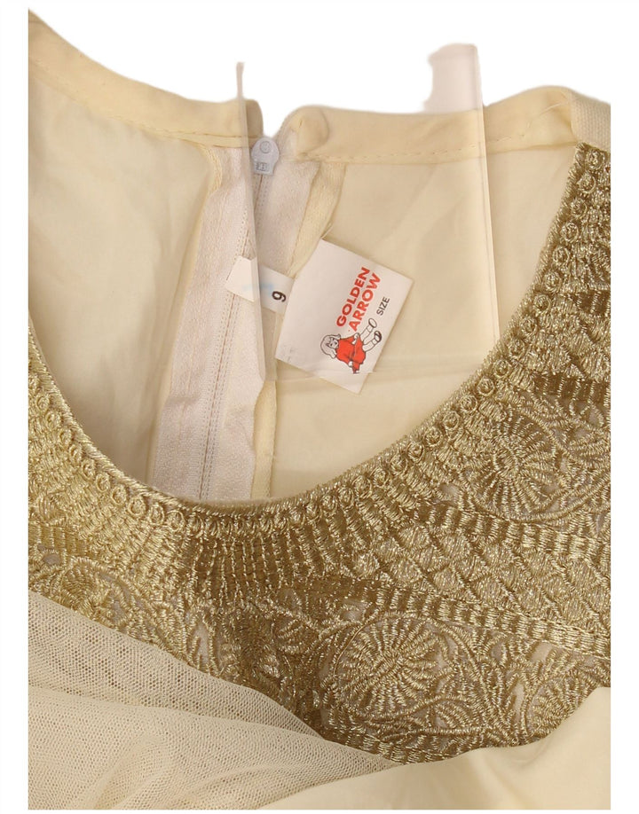 Vestido feminino VINTAGE manga comprida linha A US 6 médio bege floral