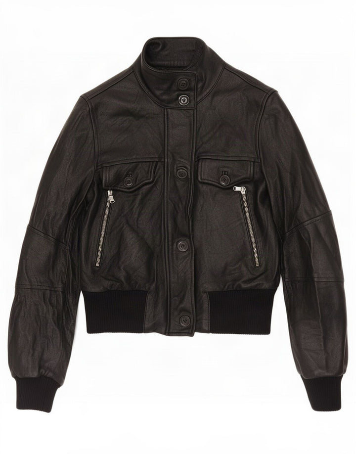 Jaqueta de couro feminina vintage UK 6 XS preta