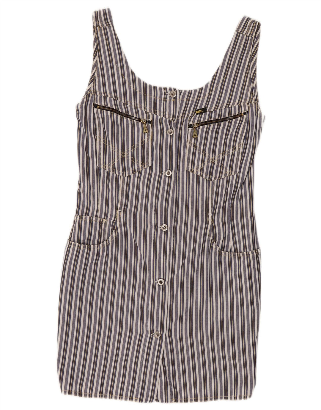 Vestido feminino VINTAGE sem mangas com bainha UK 8 pequeno listrado azul marinho