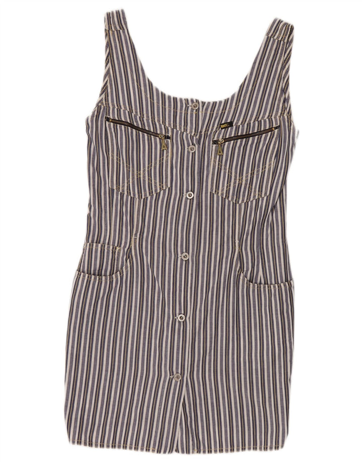 Vestido feminino VINTAGE sem mangas com bainha UK 8 pequeno listrado azul marinho