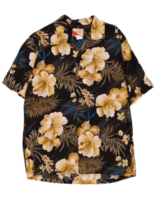 Camisa masculina vintage de manga curta grande algodão floral preto havaiano