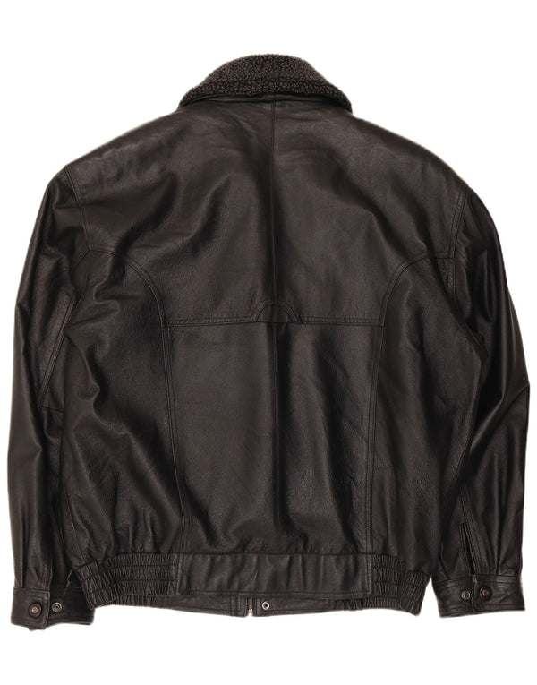 Jaqueta bomber de couro falsa masculina vintage poliéster preto grande Reino Unido 40