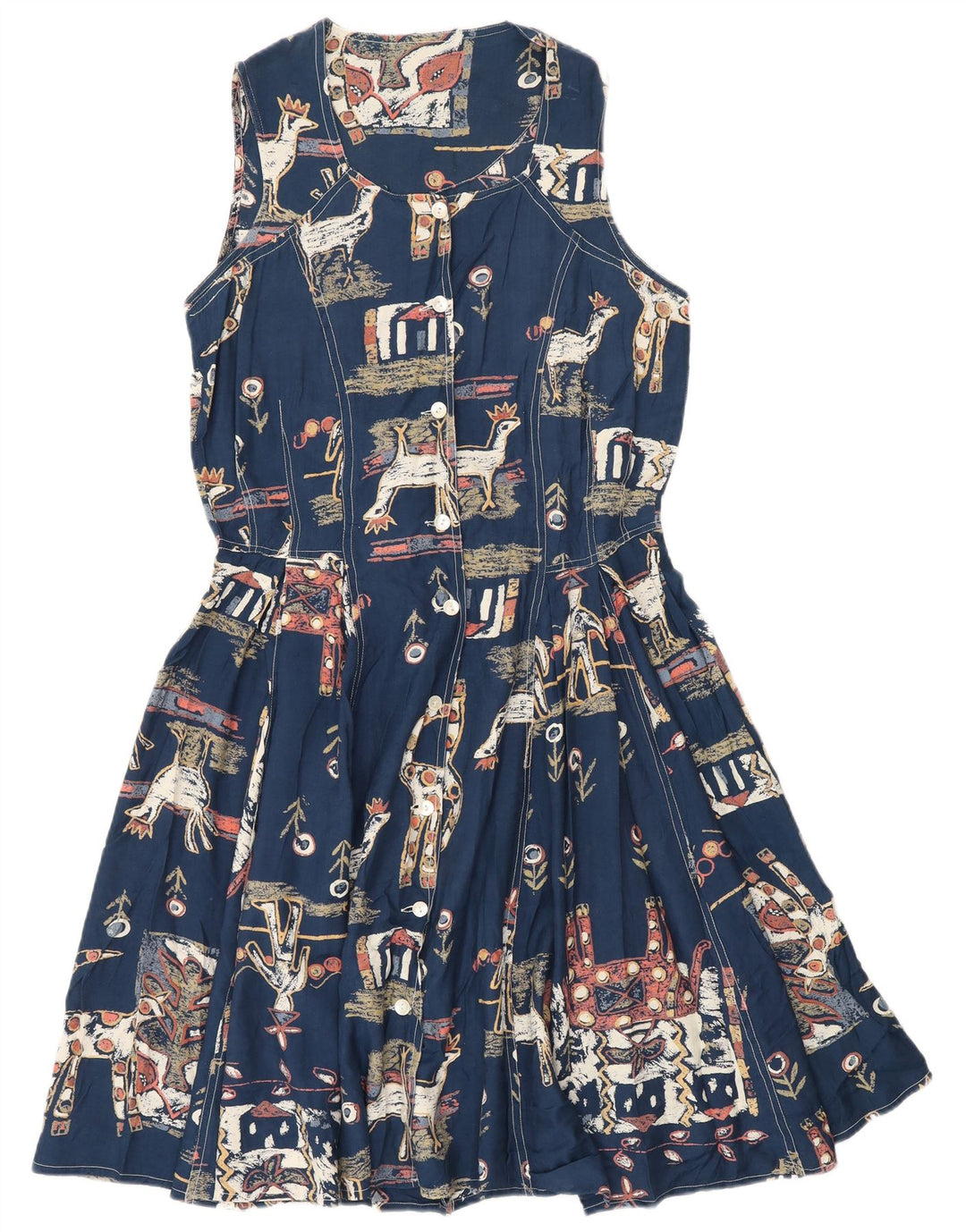 Vestido feminino vintage com padrão abstrato linha A Reino Unido 12 médio azul marinho