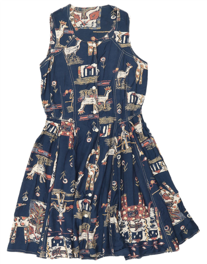 Vestido feminino vintage com padrão abstrato linha A Reino Unido 12 médio azul marinho