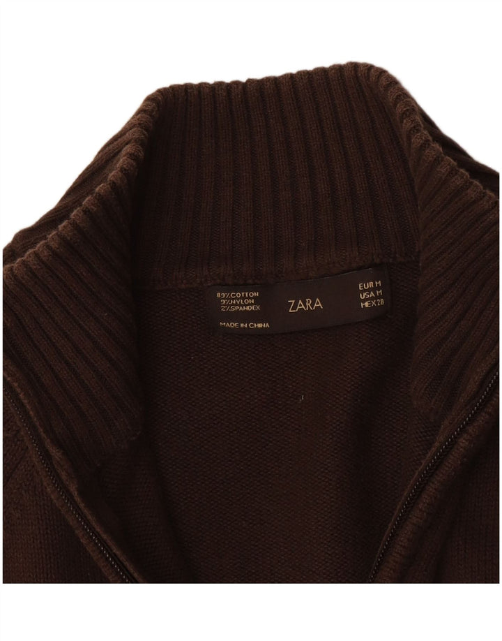 Zara Suéter feminino com gola e zíper Reino Unido 12 algodão marrom médio