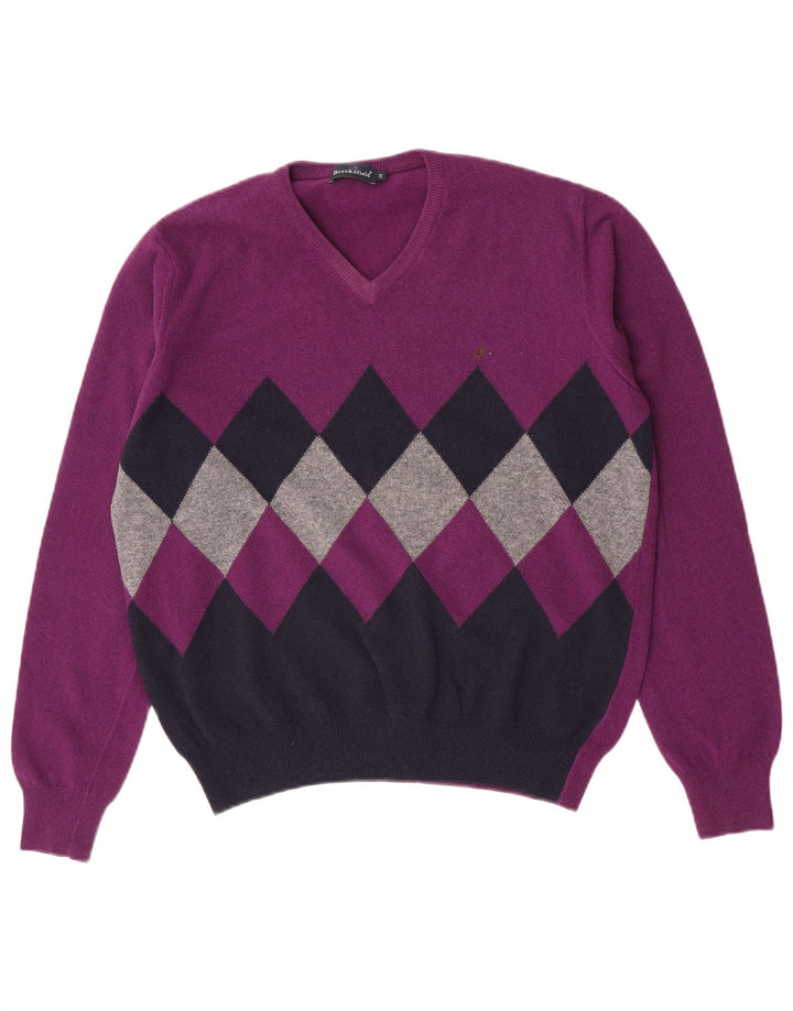 Suéter masculino Brooksfield com decote em V IT 48 Médio Roxo Argyle/Diamante