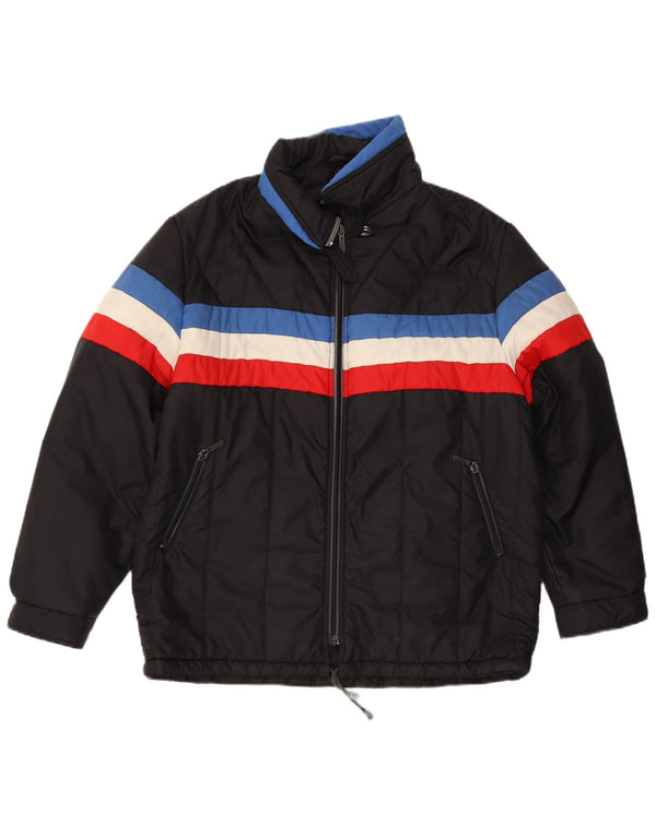 Jaqueta acolchoada com capuz masculina vintage UK 42 XL preto colorblock