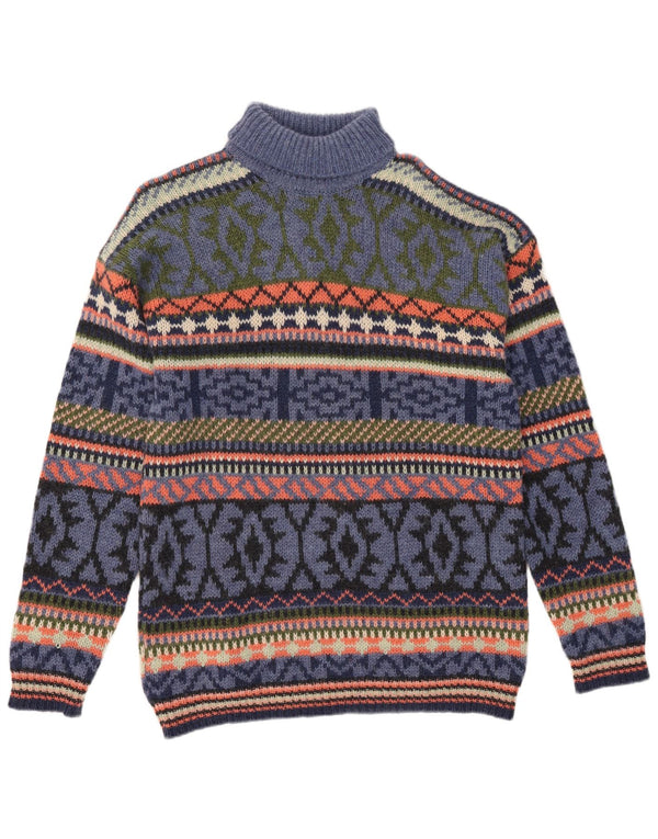 S. Moritz Mens Roll Neck Jumper Sweater Large Blue Fair Isle Wool