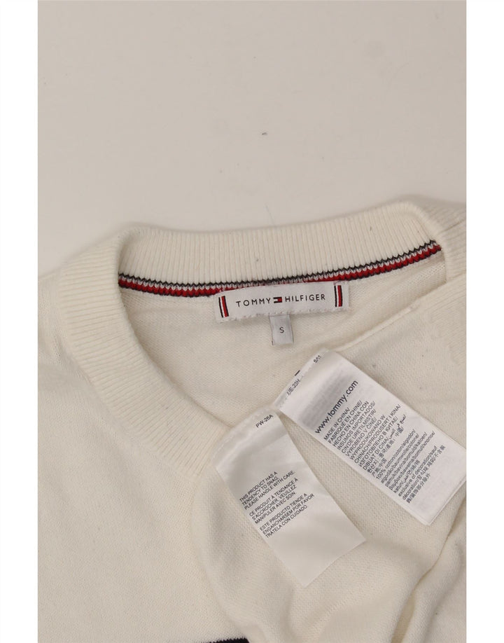 TOMMY HILFIGER Mens Crew Neck Jumper Sweater Small White Striped Cotton Vintage Tommy Hilfiger and Second-Hand Tommy Hilfiger from Messina Hembry 