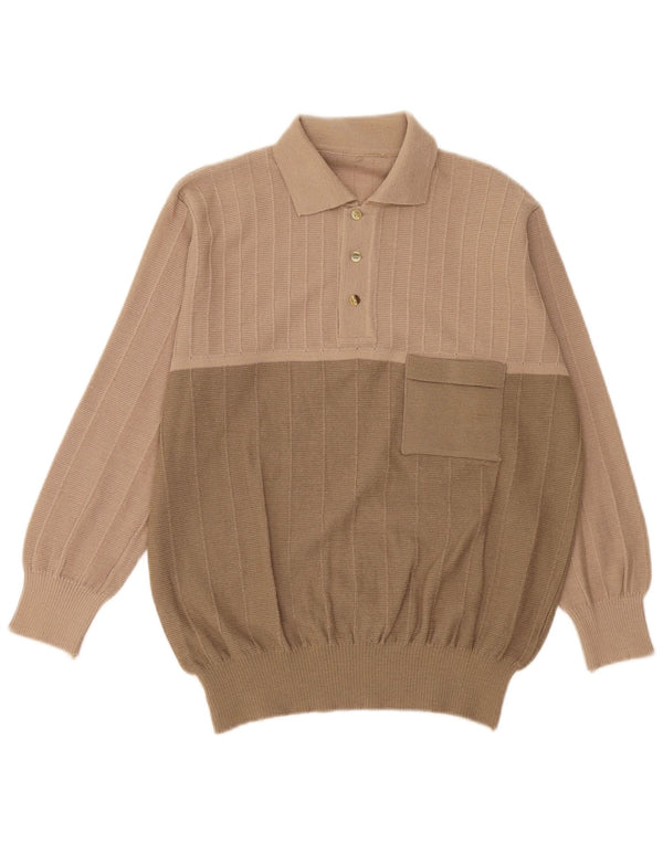 Suéter vintage masculino com gola polo IT 54 XL bege colorblock lã