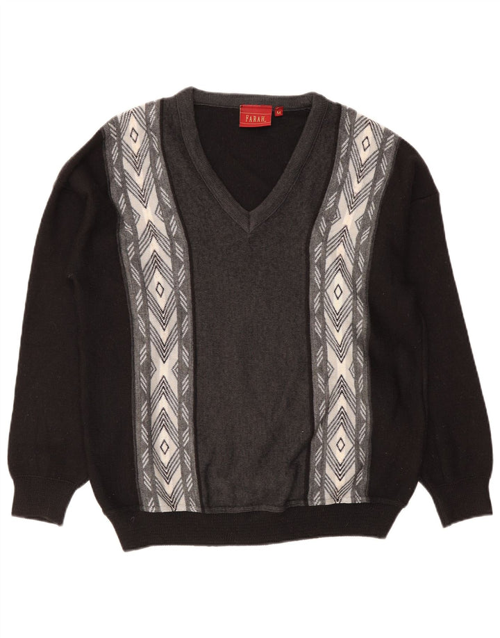 Suéter masculino Farah com decote em V, médio, preto, bloco colorido, acrílico