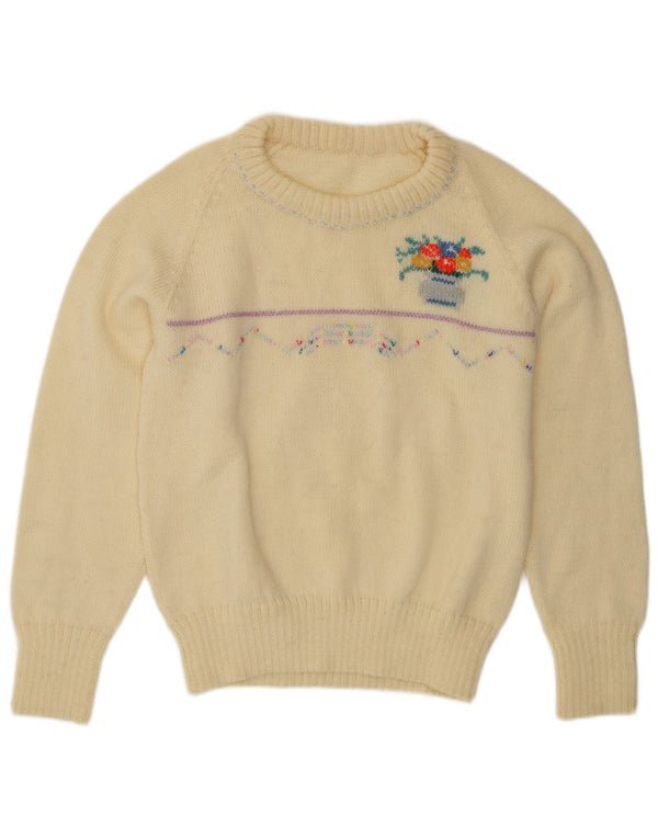Suéter feminino vintage com gola redonda UK 12 médio off white floral