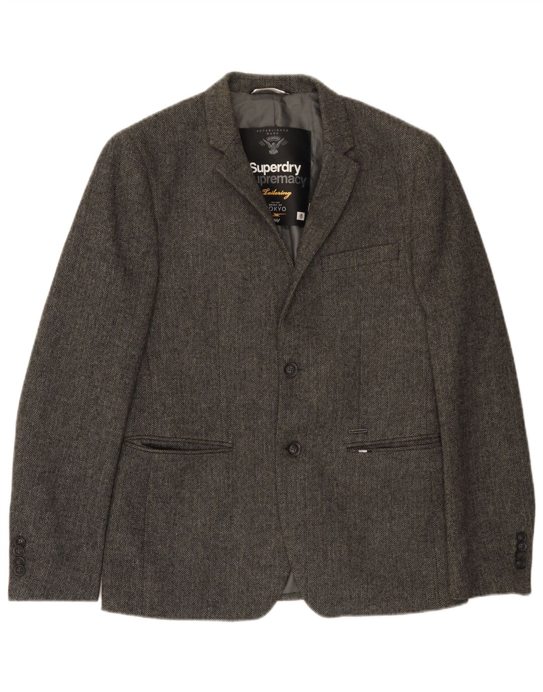Jaqueta Blazer Superdry Masculina com 2 Botões UK 38 Espinha de Peixe Cinza Médio