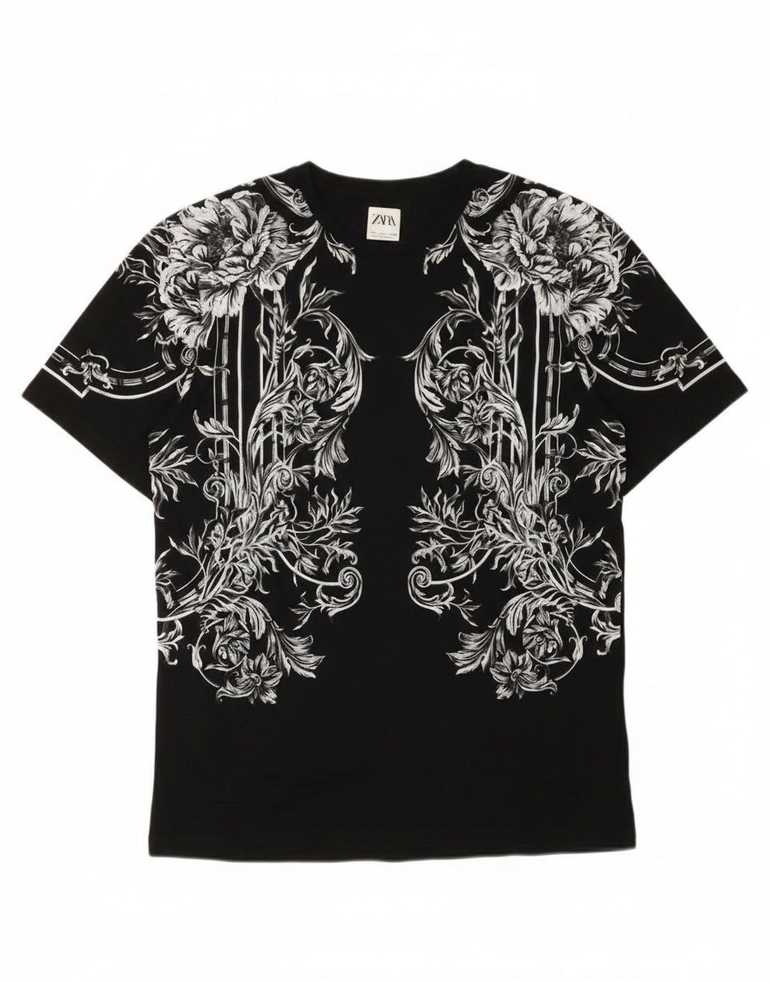Zara Camiseta masculina gráfica Top grande preto floral