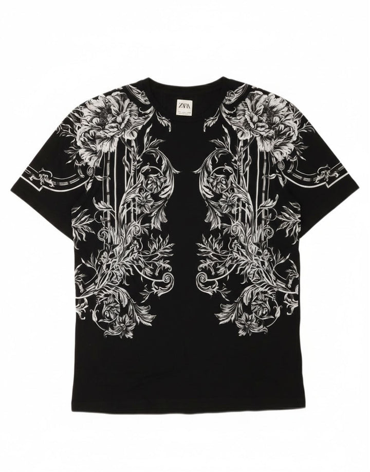 Zara Camiseta masculina gráfica Top grande preto floral