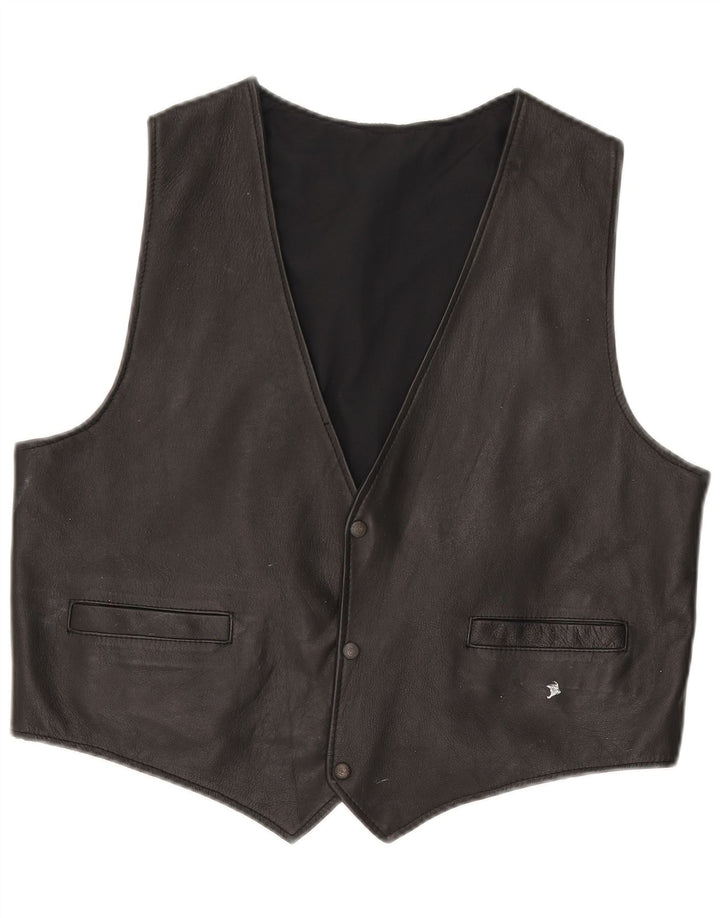 Colete de couro masculino vintage médio preto