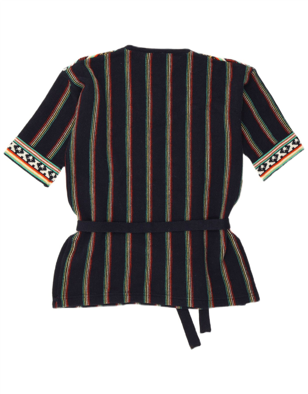 Suéter feminino vintage com decote em V Reino Unido 12 médio azul marinho listrado retrô