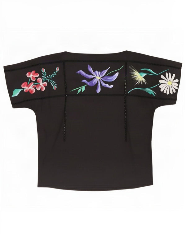 Blusa feminina vintage UK 12 médio preto floral