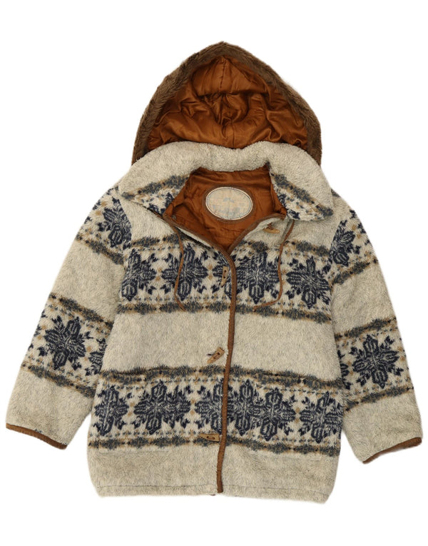 Casaco feminino vintage de pele sintética com capuz UK 14 Fair Isle cinza médio