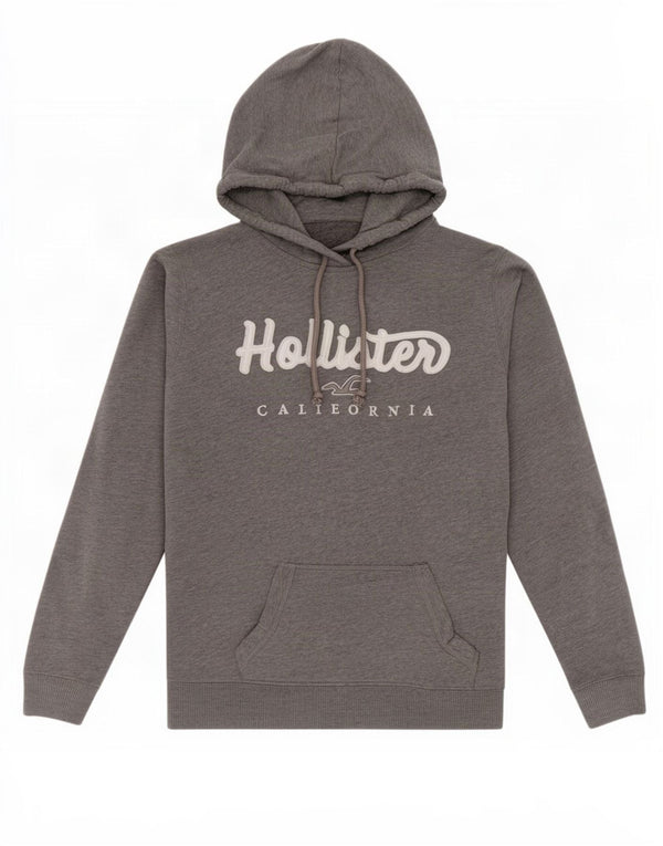 Jumper feminino com capuz gráfico Hollister UK 14 algodão manchado cinza médio