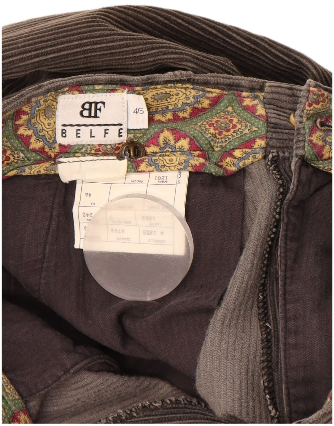 Calça masculina BELFE de veludo cotelê com ajuste solto IT46 pequena W30 L28 cinza