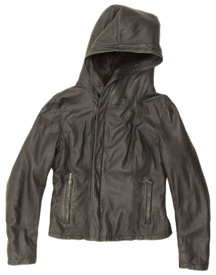 Jaqueta feminina de couro com capuz XETRA Reino Unido 12 médio preto