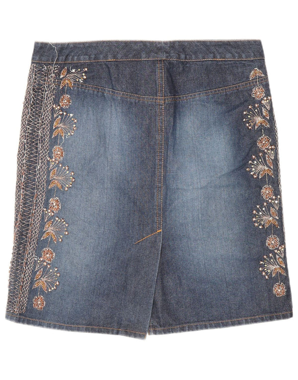 Saia jeans feminina Warehouse Reino Unido 12 médio W30 algodão floral azul