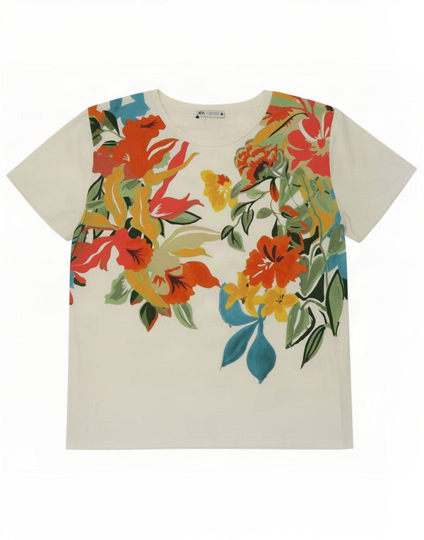 Zara Womens Graphic T-Shirt Top UK 14 Medium White Floral