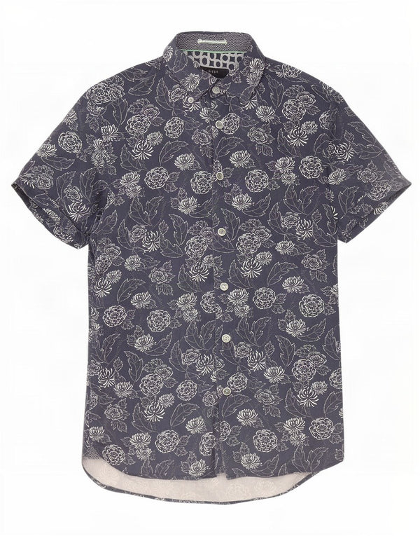 Camisa masculina de manga curta Ted Baker tamanho 2 pequeno algodão floral azul marinho