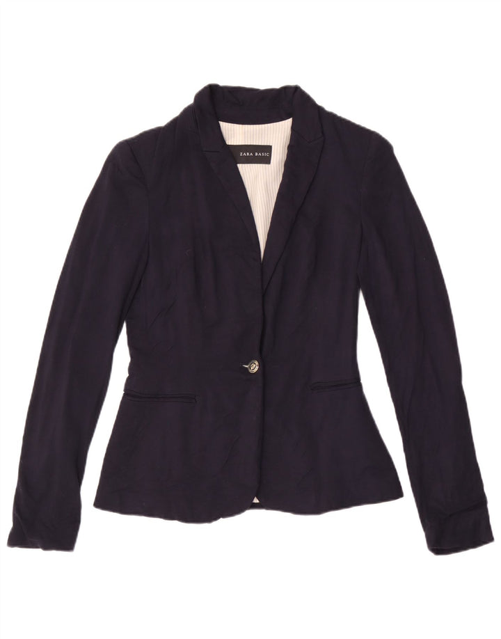 Jaqueta blazer feminina ZARA com 1 botão UK 6 XS azul marinho viscose