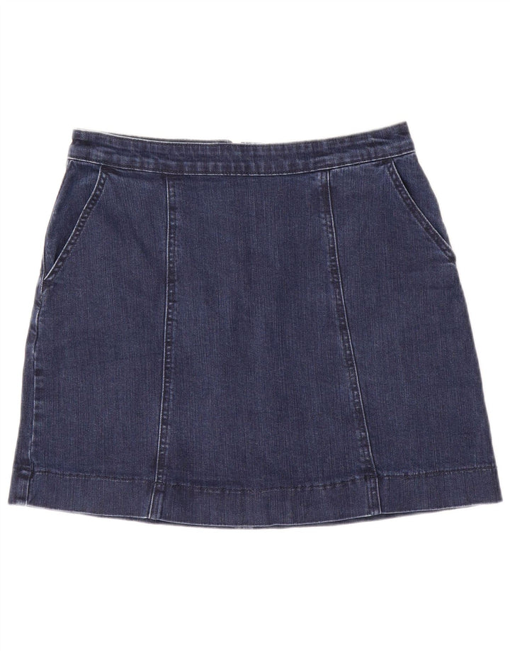 Saia jeans feminina Oasis Reino Unido 12 médio W28 algodão azul marinho