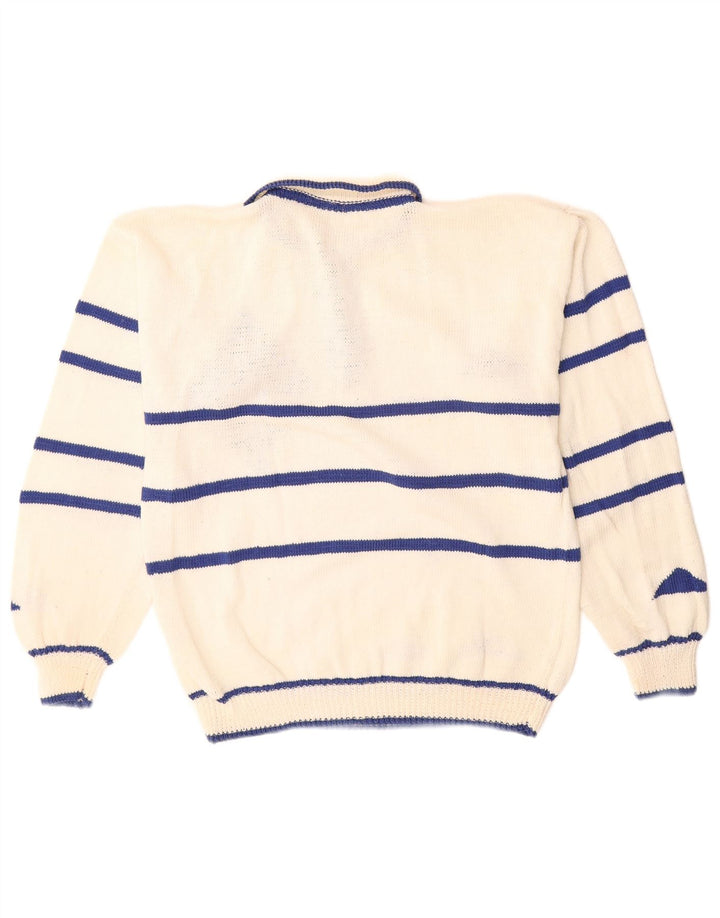 Suéter masculino vintage com gola polo e meio branco geométrico