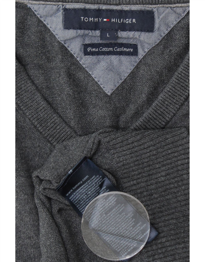 Suéter masculino TOMMY HILFIGER com decote em V grande algodão cinza