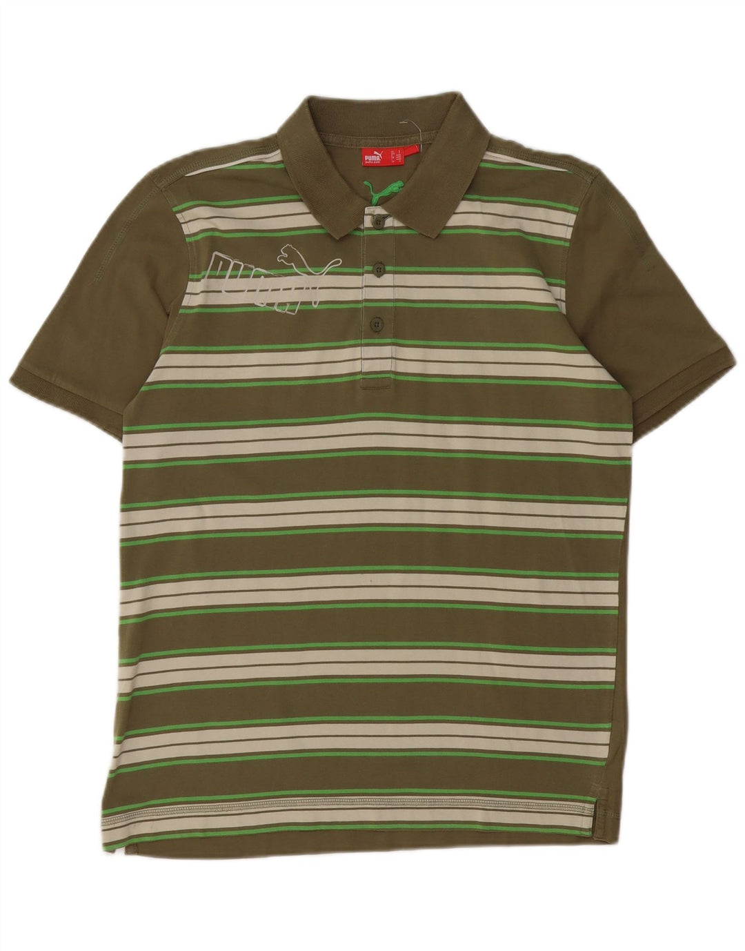 Camisa polo masculina Puma Graphic pequena listrada cáqui de algodão