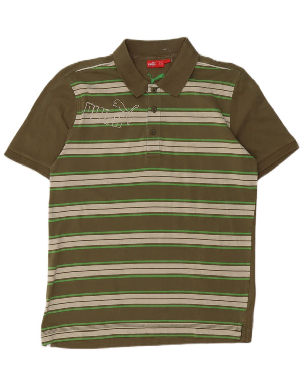 Camisa polo masculina Puma Graphic pequena listrada cáqui de algodão