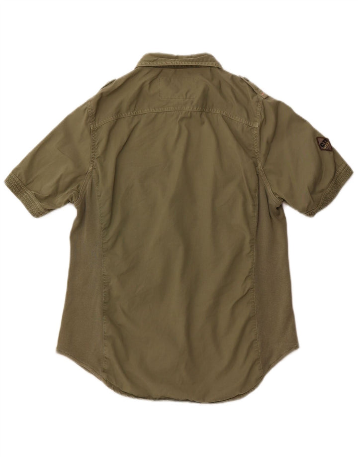 Camisa militar feminina de manga curta SUPERDRY Reino Unido 14 grande algodão cáqui