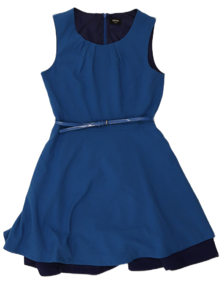 Vestido feminino Oasis sem mangas evasê UK 10 poliéster azul pequeno