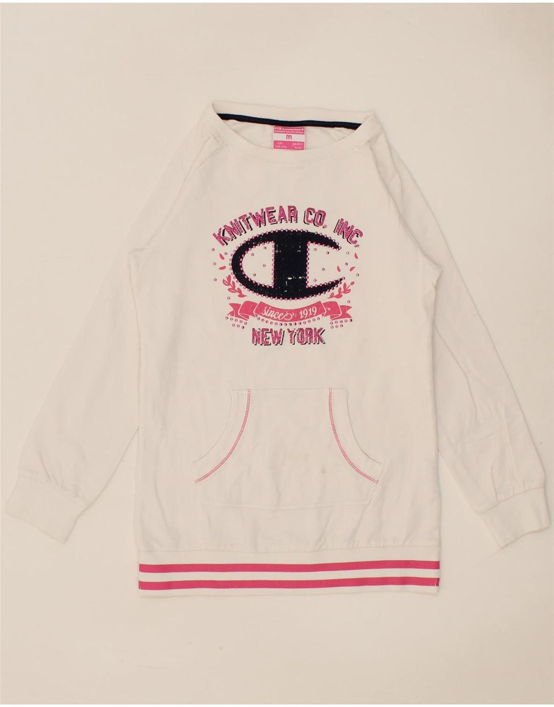 CHAMPION Girls Graphic Sweatshirt Jumper 9-10 Years Medium White Cotton Vintage Champion and Second-Hand Champion from Messina Hembry 