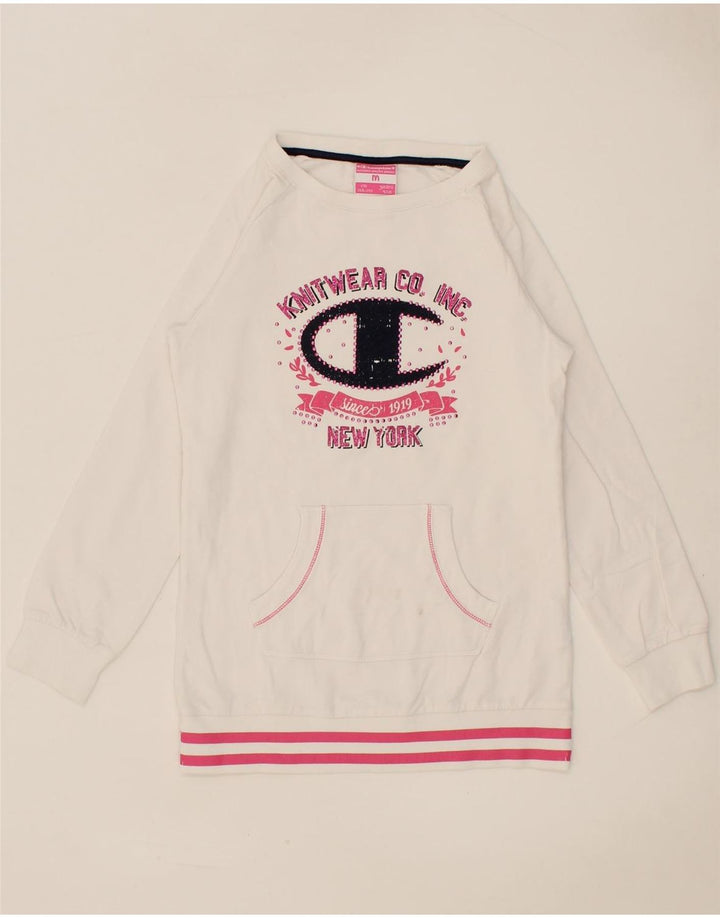 CHAMPION Girls Graphic Sweatshirt Jumper 9-10 Years Medium White Cotton Vintage Champion and Second-Hand Champion from Messina Hembry 