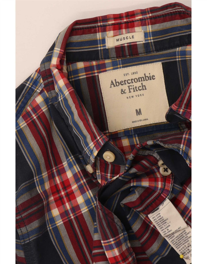 Camisa muscular masculina Abercrombie & Fitch de algodão xadrez azul marinho médio