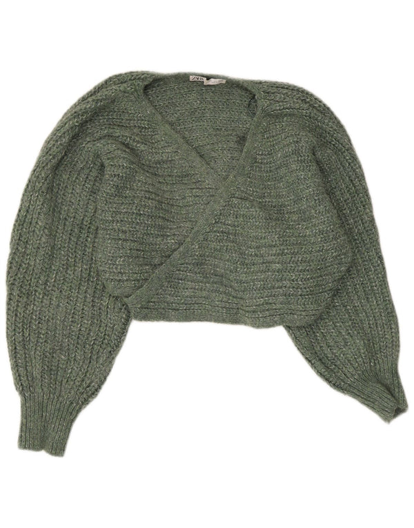 Suéter feminino Zara Crop Wrap Cardigan Reino Unido 16 grande acrílico manchado verde