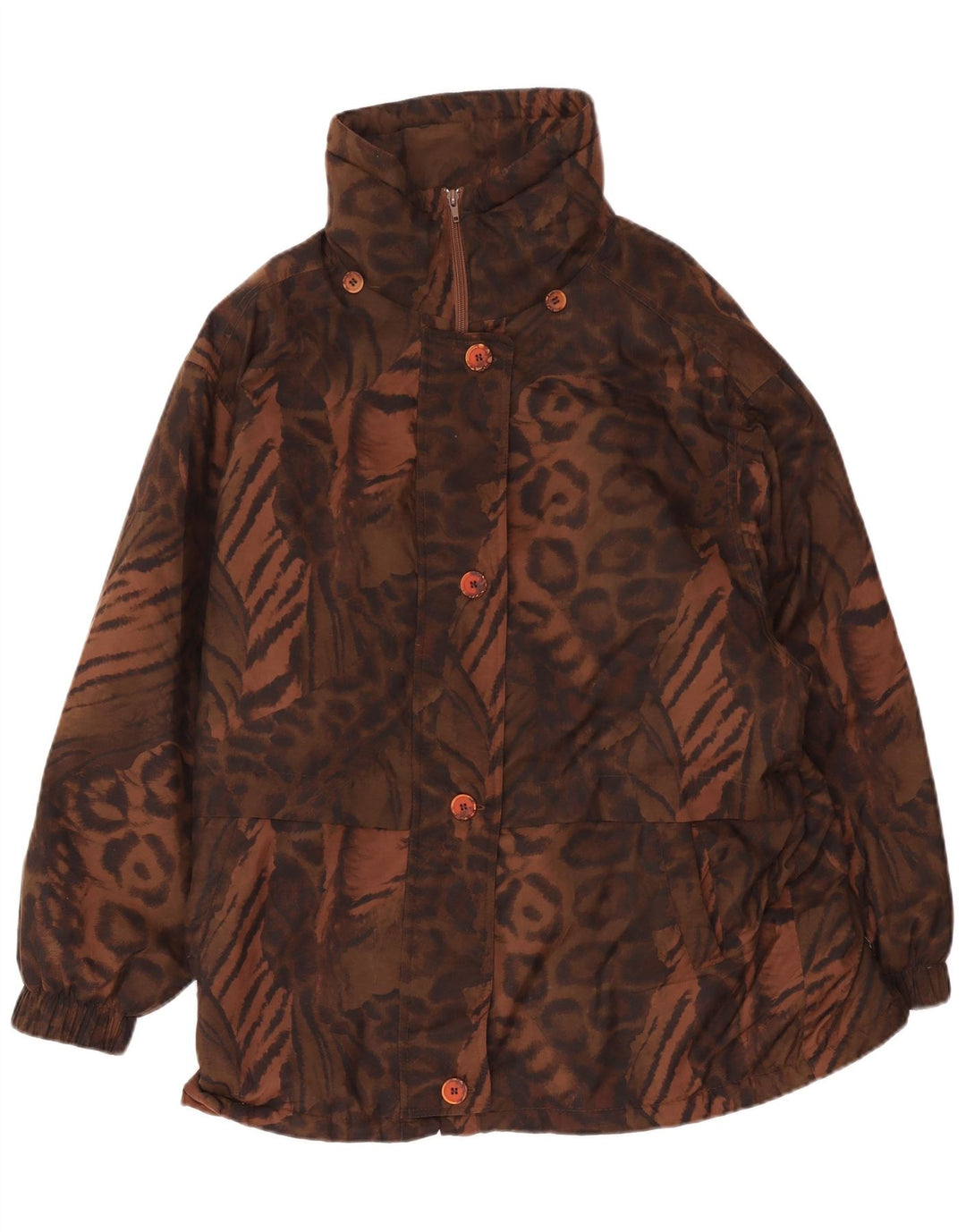 Casaco corta-vento feminino vintage grande Reino Unido 10 estampa animal marrom pequena