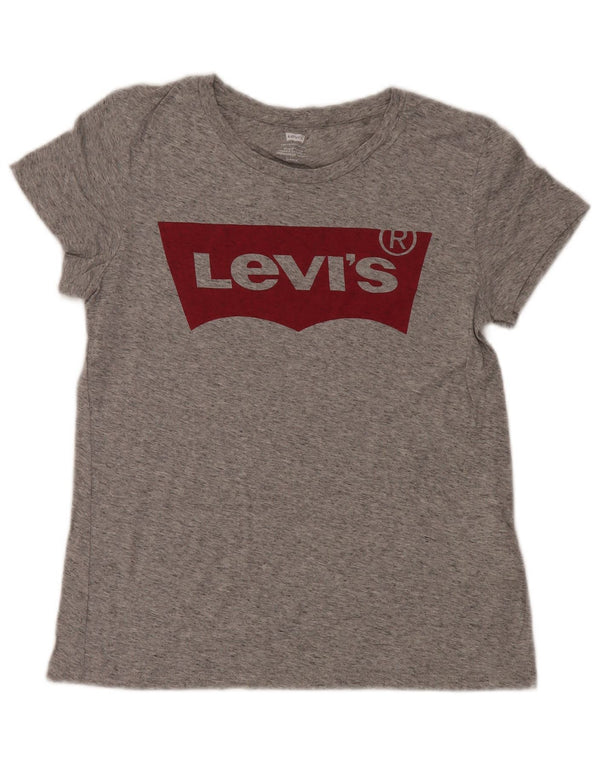 Camiseta feminina gráfica Levi's UK 10 algodão manchado cinza pequeno